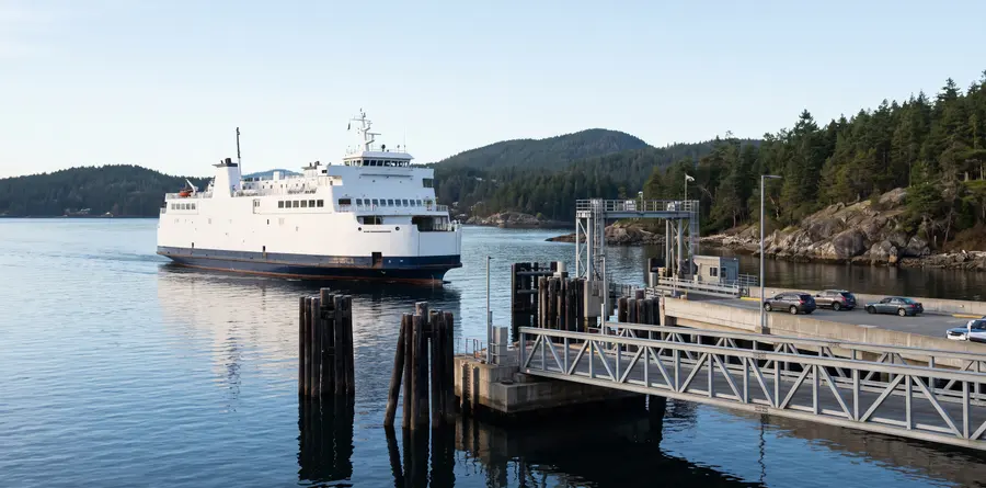 White car ferry approaching a terminal berth
