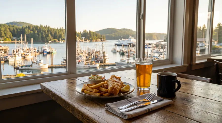Fish and chips and a pint by a harbour window