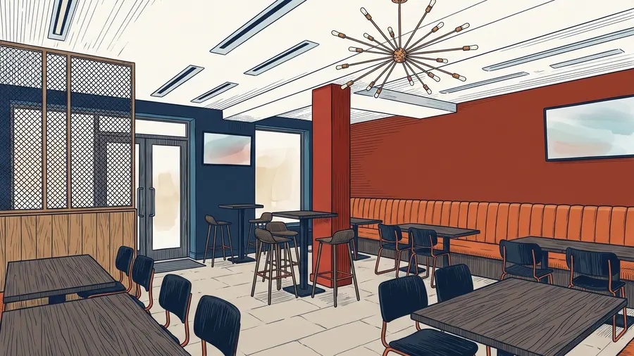 Empty pub with orange-legged chairs and a starburst chandelier